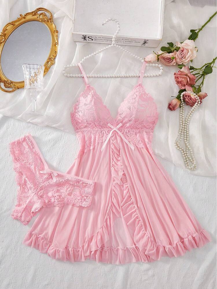 Women's Open Crotch Lace Decorated Backless Halter Neck Sexy Bodysuit With Ruffle Trim