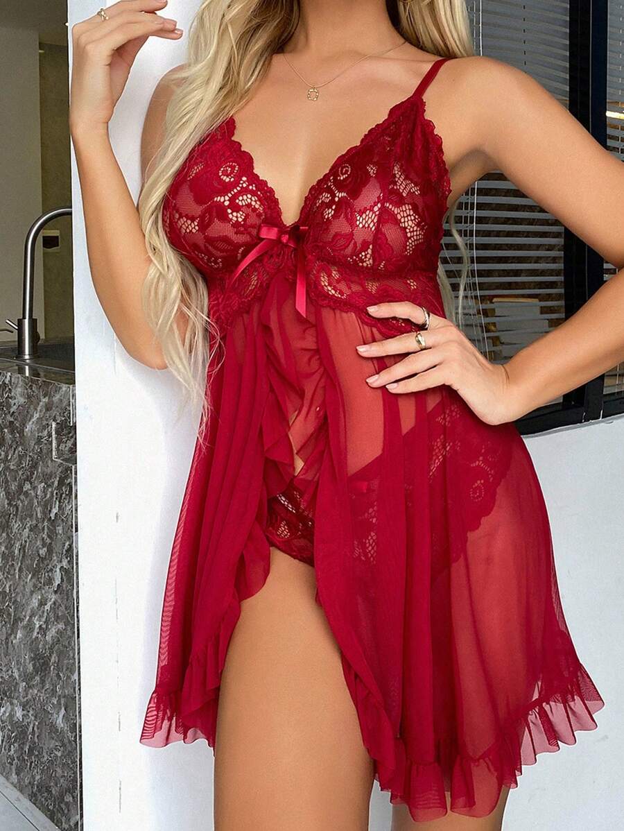 Women's Open Crotch Lace Decorated Backless Halter Neck Sexy Bodysuit With Ruffle Trim