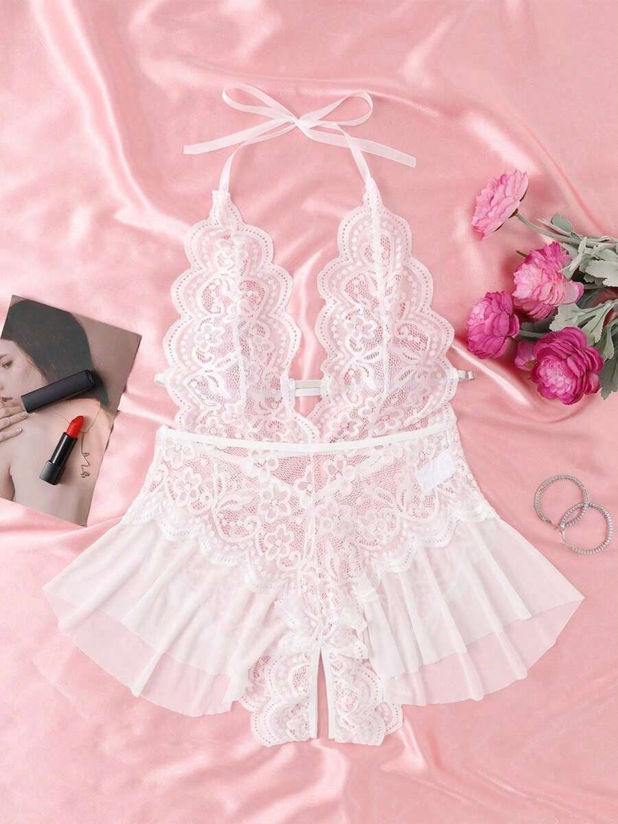 Classic Sexy Contrast Lace Sheer Mesh Backless Cross Teddy Bodysuit Lingerie