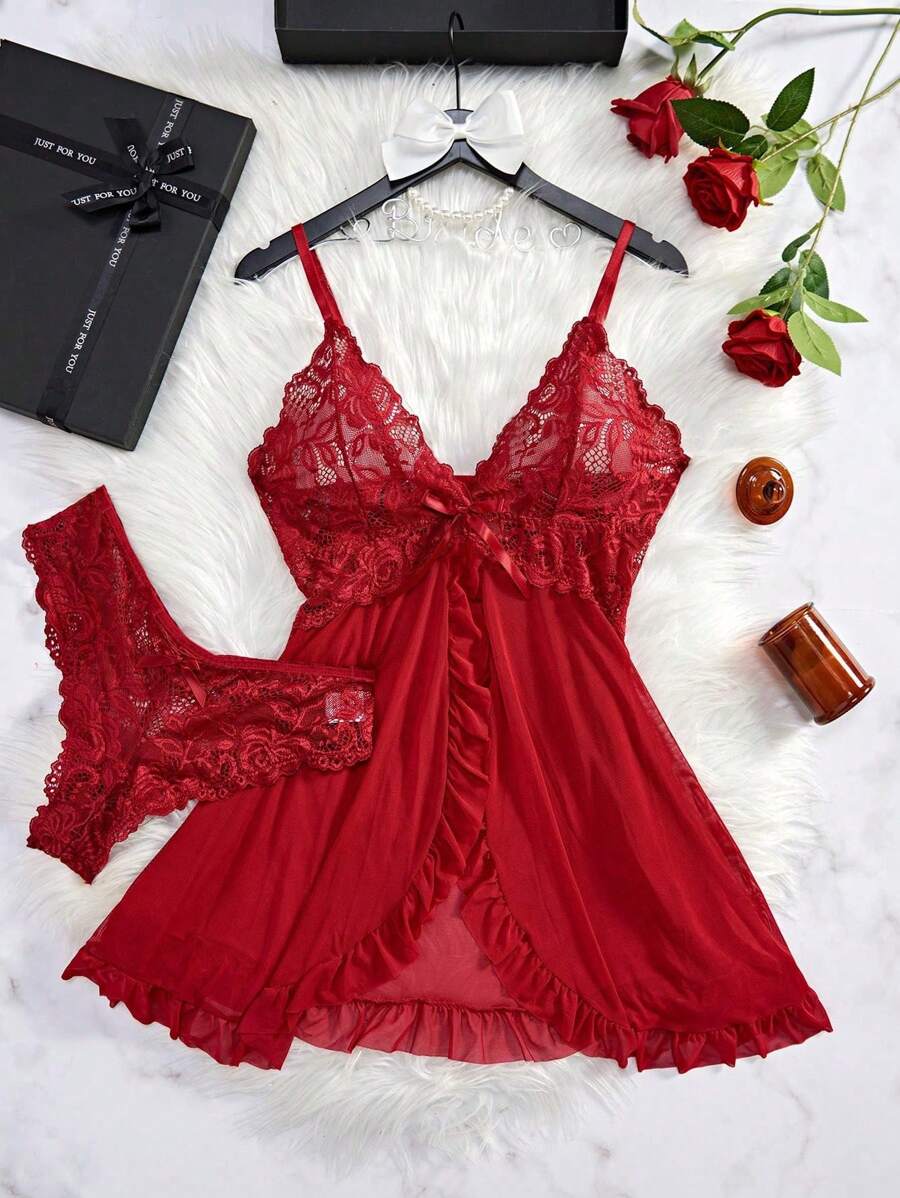 Women's Open Crotch Lace Decorated Backless Halter Neck Sexy Bodysuit With Ruffle Trim