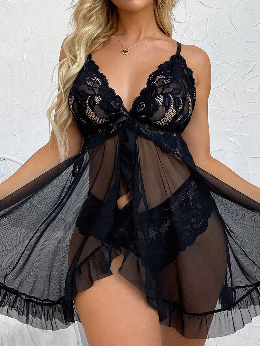 Women's Open Crotch Lace Decorated Backless Halter Neck Sexy Bodysuit With Ruffle Trim
