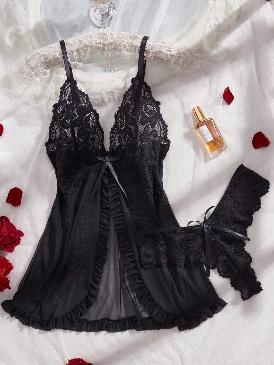 Women's Open Crotch Lace Decorated Backless Halter Neck Sexy Bodysuit With Ruffle Trim