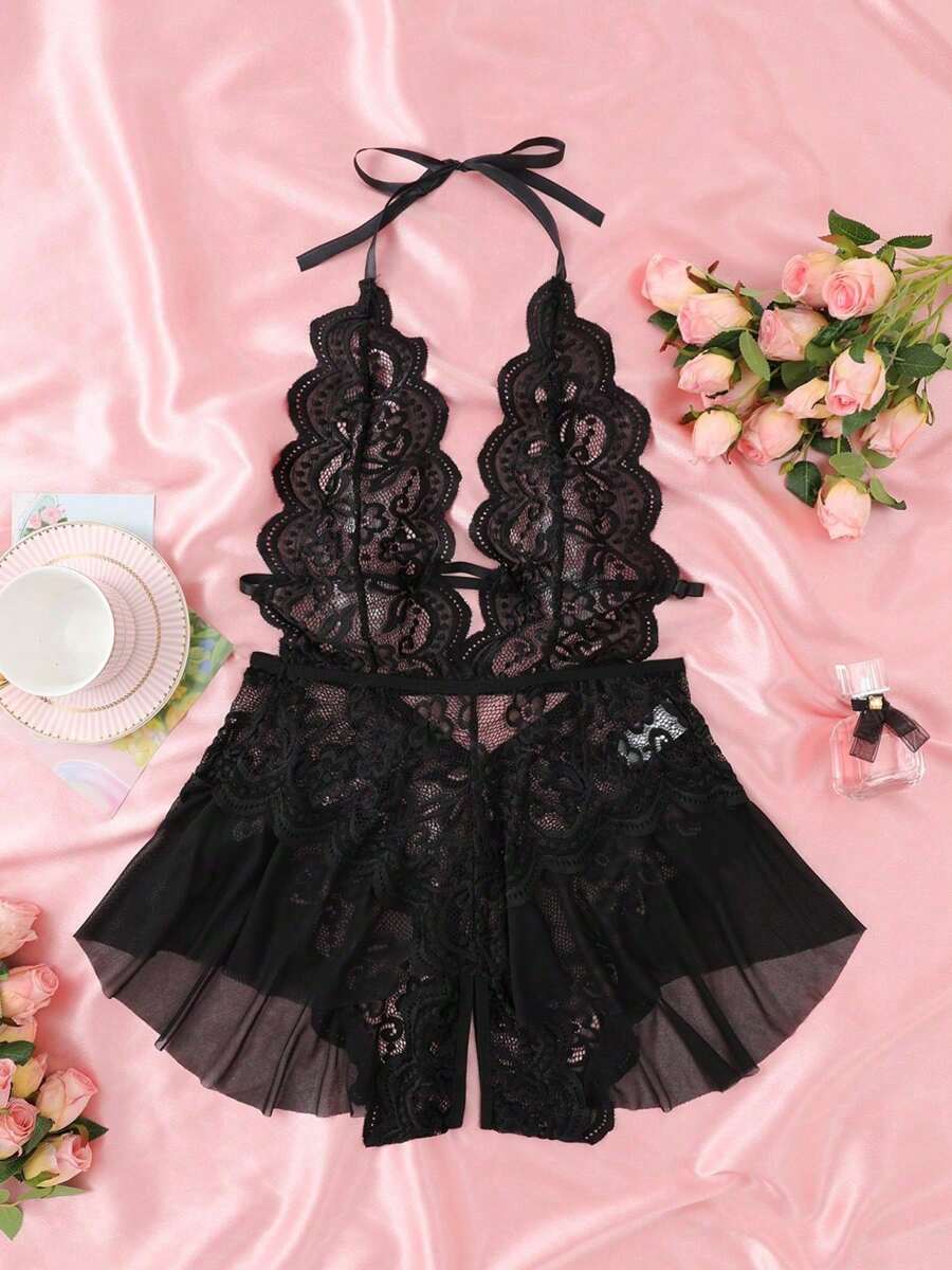 Classic Sexy Contrast Lace Sheer Mesh Backless Cross Teddy Bodysuit Lingerie