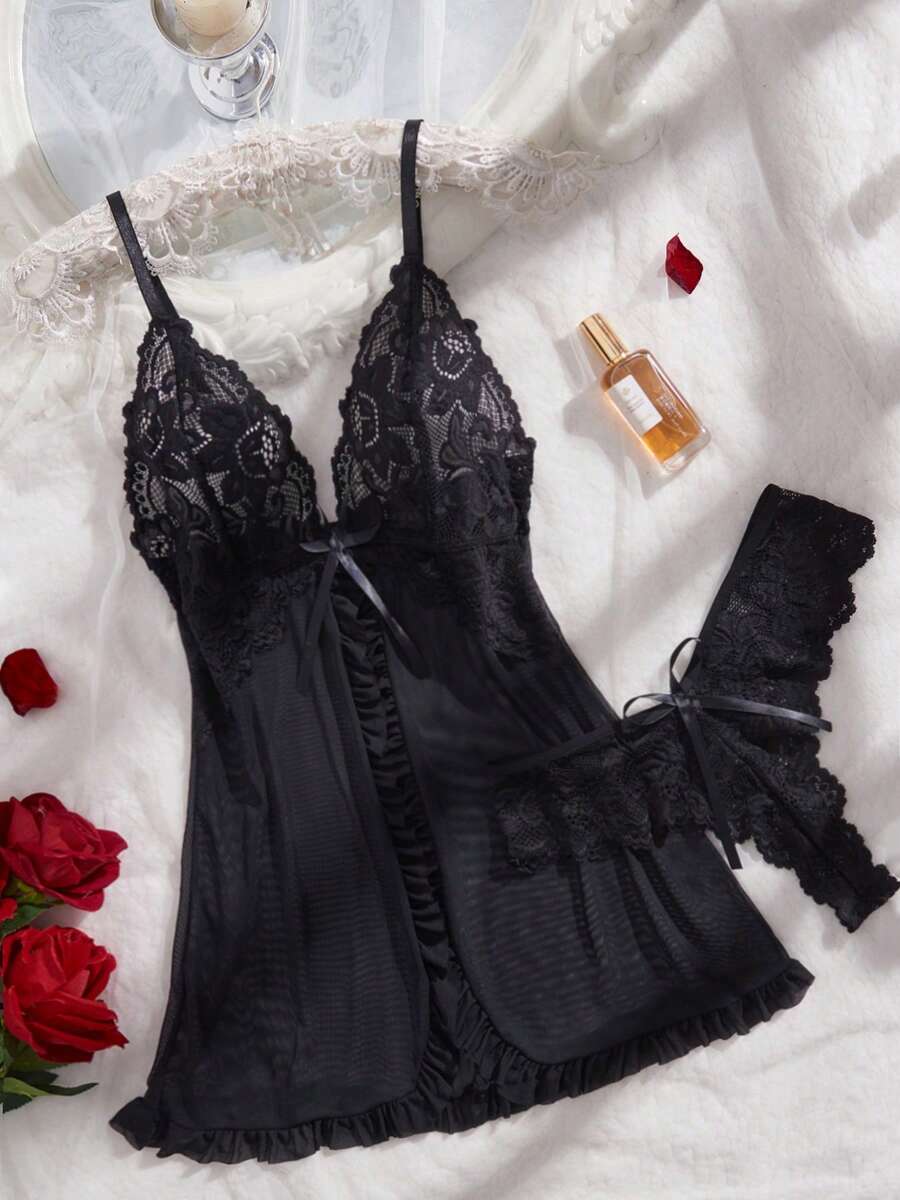 Women's Open Crotch Lace Decorated Backless Halter Neck Sexy Bodysuit With Ruffle Trim