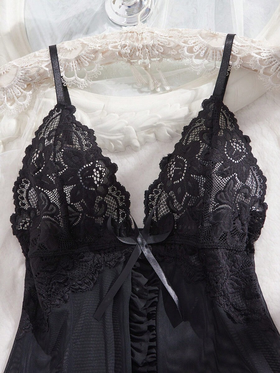 Women's Open Crotch Lace Decorated Backless Halter Neck Sexy Bodysuit With Ruffle Trim
