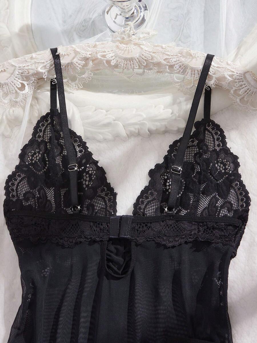 Women's Open Crotch Lace Decorated Backless Halter Neck Sexy Bodysuit With Ruffle Trim