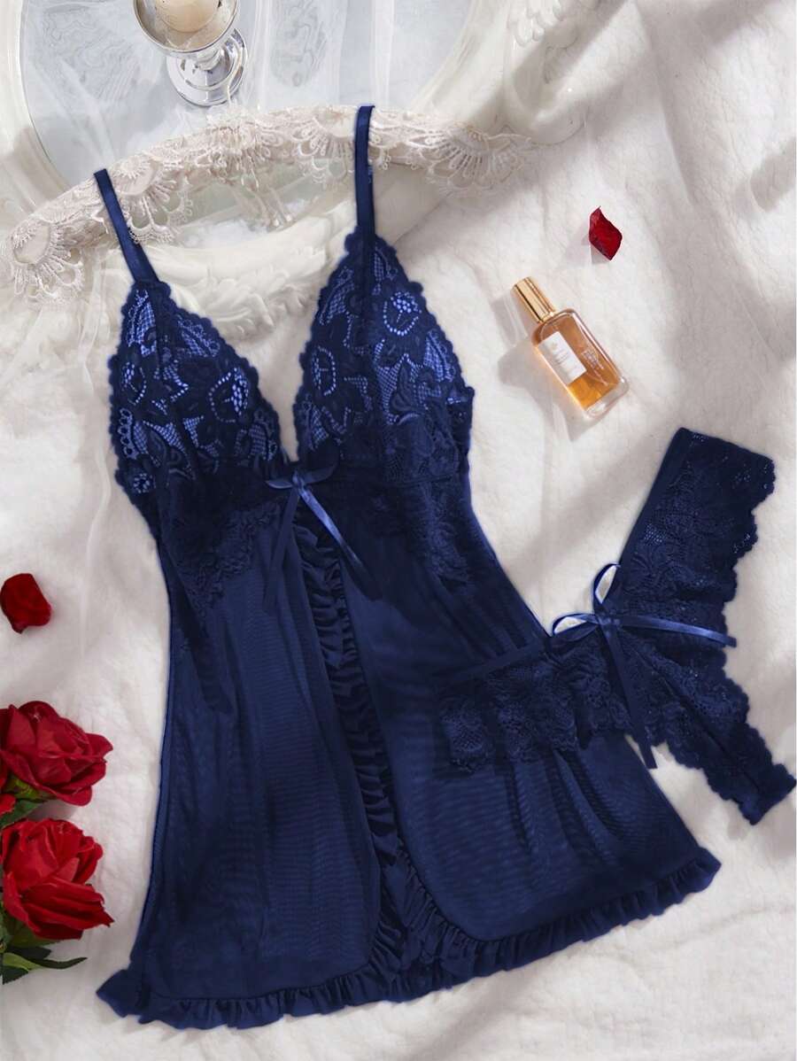 Women's Open Crotch Lace Decorated Backless Halter Neck Sexy Bodysuit With Ruffle Trim