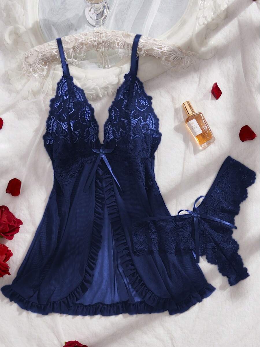Women's Open Crotch Lace Decorated Backless Halter Neck Sexy Bodysuit With Ruffle Trim