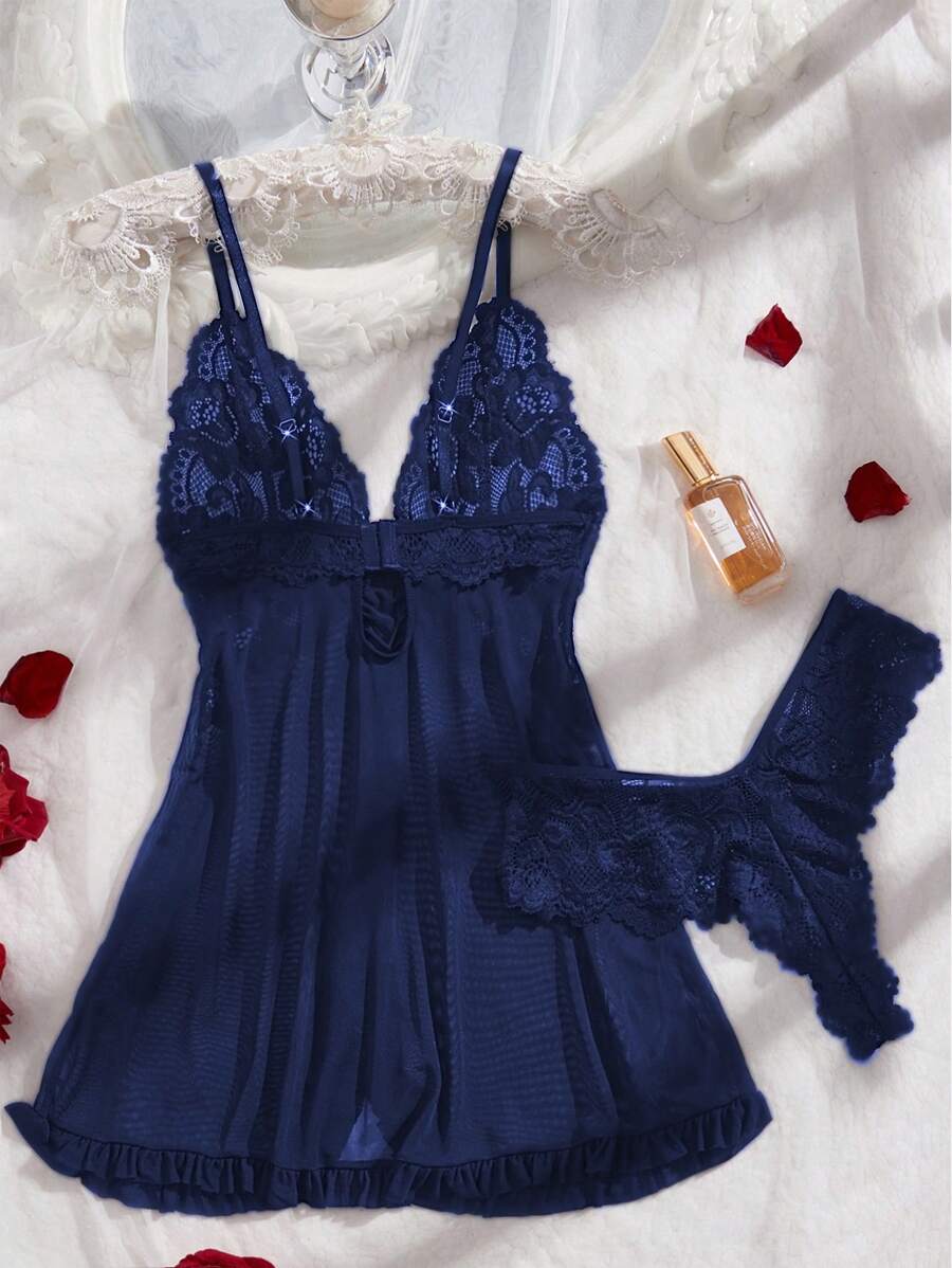 Women's Open Crotch Lace Decorated Backless Halter Neck Sexy Bodysuit With Ruffle Trim
