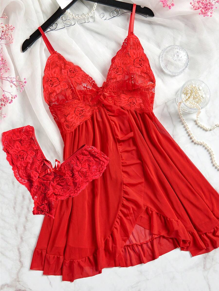 Women's Open Crotch Lace Decorated Backless Halter Neck Sexy Bodysuit With Ruffle Trim