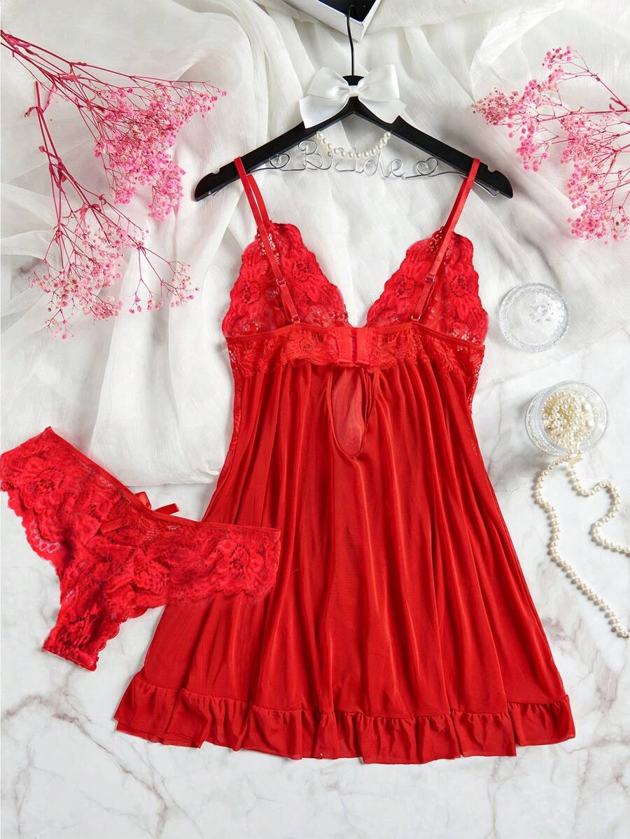 Women's Open Crotch Lace Decorated Backless Halter Neck Sexy Bodysuit With Ruffle Trim