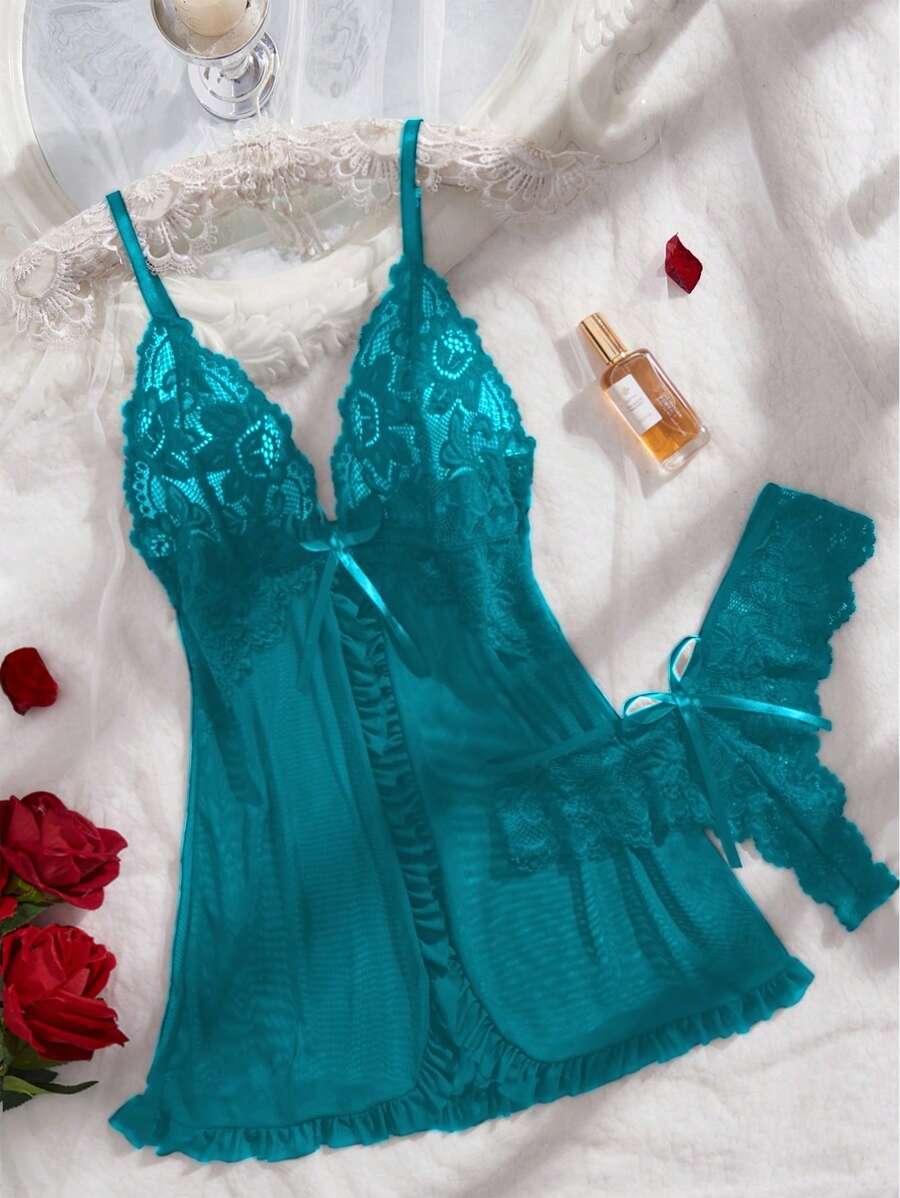 Women's Open Crotch Lace Decorated Backless Halter Neck Sexy Bodysuit With Ruffle Trim