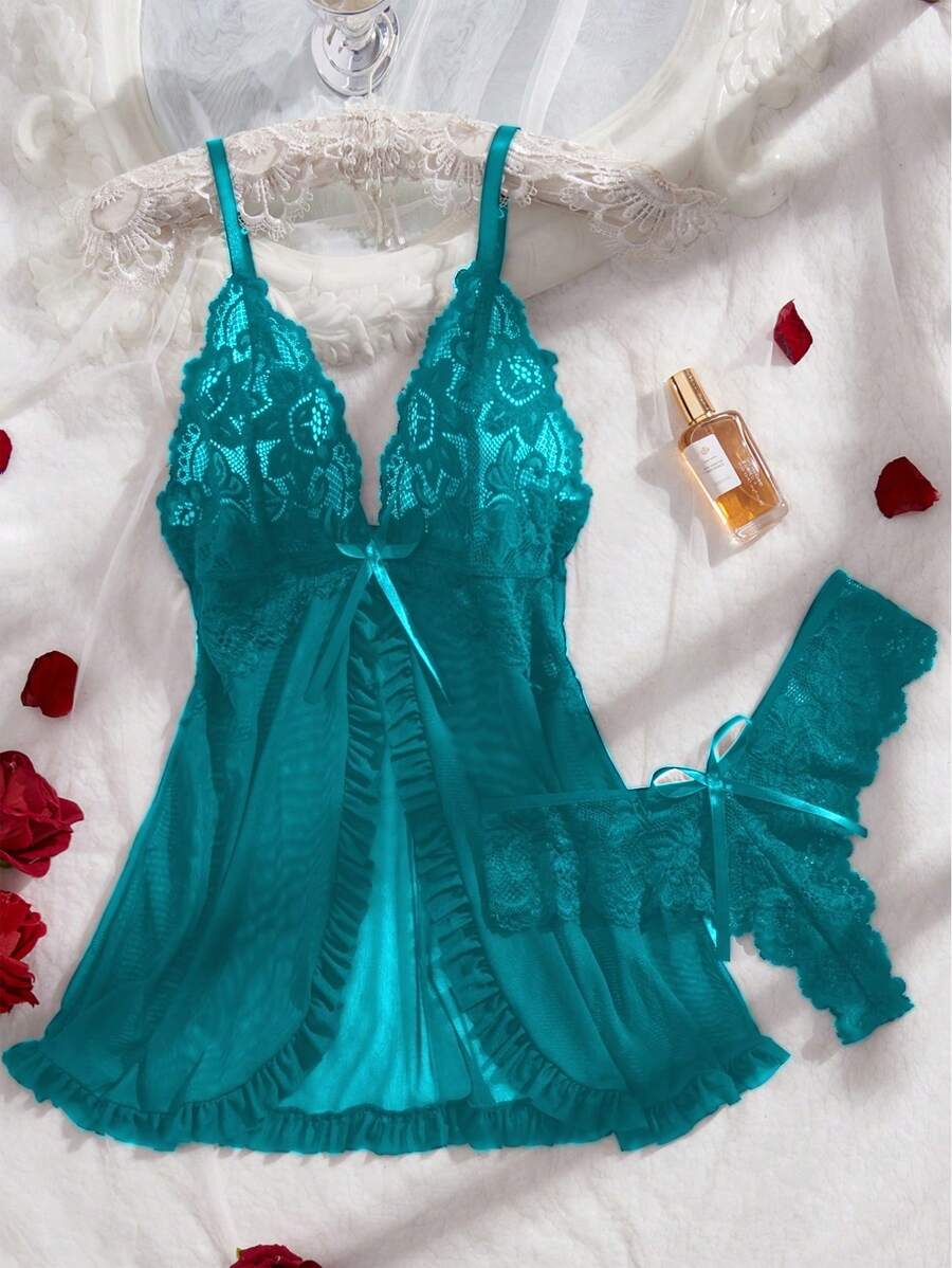 Women's Open Crotch Lace Decorated Backless Halter Neck Sexy Bodysuit With Ruffle Trim