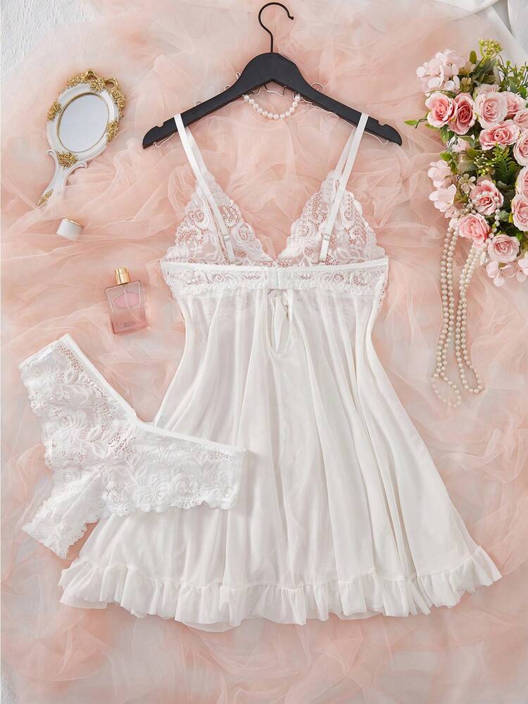 Women's Open Crotch Lace Decorated Backless Halter Neck Sexy Bodysuit With Ruffle Trim