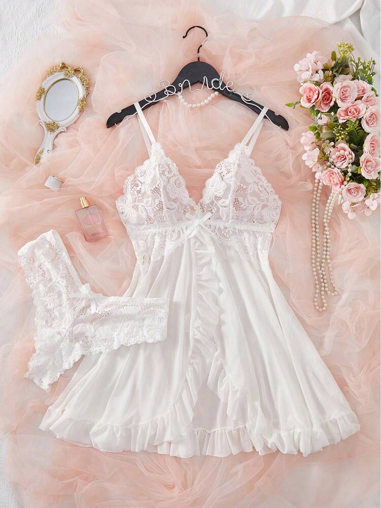 Women's Open Crotch Lace Decorated Backless Halter Neck Sexy Bodysuit With Ruffle Trim