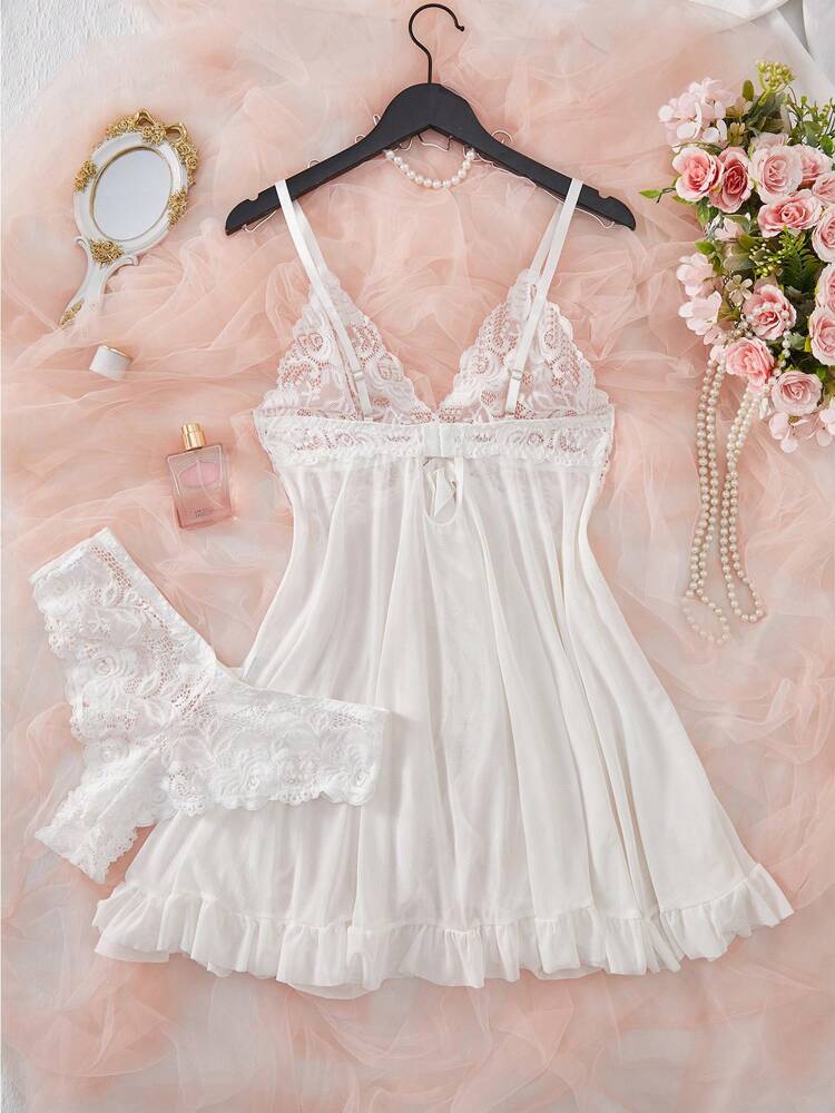 Women's Open Crotch Lace Decorated Backless Halter Neck Sexy Bodysuit With Ruffle Trim