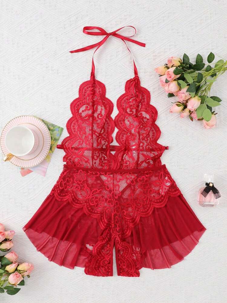 Classic Sexy Contrast Lace Sheer Mesh Backless Cross Teddy Bodysuit Lingerie