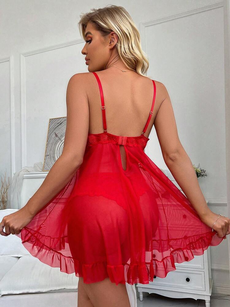 Women's Open Crotch Lace Decorated Backless Halter Neck Sexy Bodysuit With Ruffle Trim